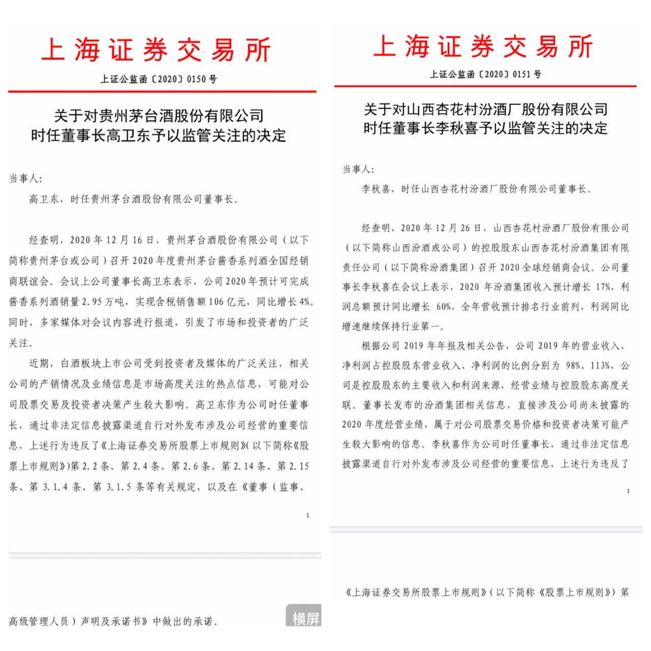 信披违规 贵州茅台、山西汾酒两家董事长同被监管关注